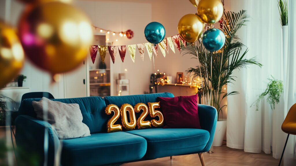 Cozy New Year's Eve party decor with 2025 balloons in living room