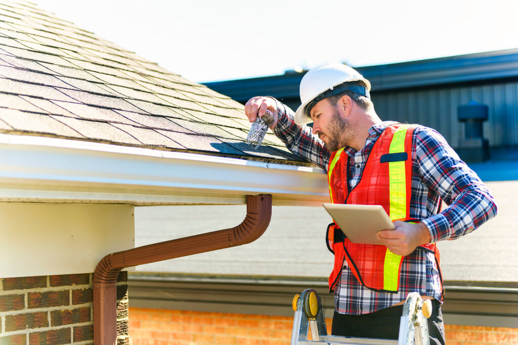 Man with hard hat standing on steps inspecting house roof.