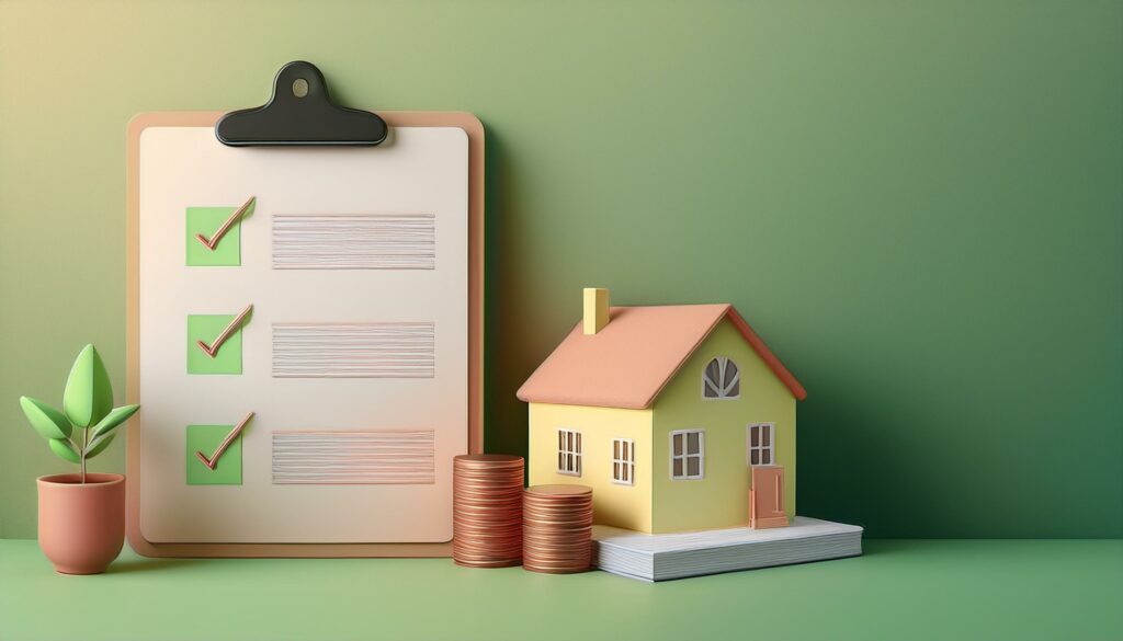 A checklist with green checks next to a model house and coins, symbolizing property investment and financial planning.