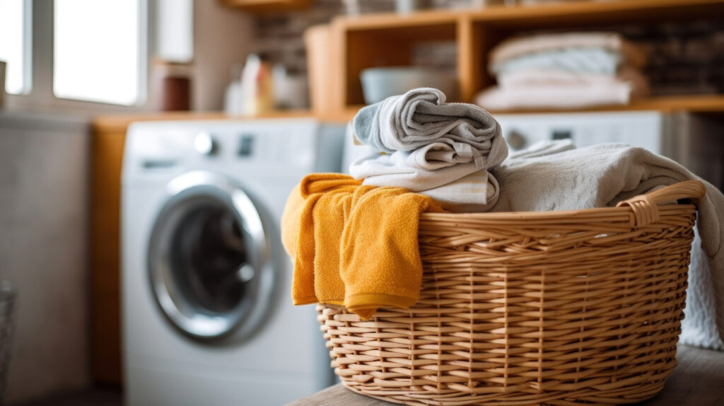 Close up of Basket with clothes in laundry room with washing machine on background