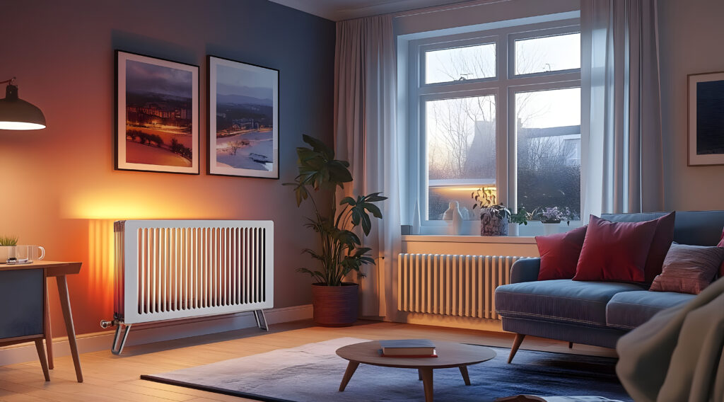 House electric heater radiator in the living room for cold winter season rooms in uk concept created with generative ai 