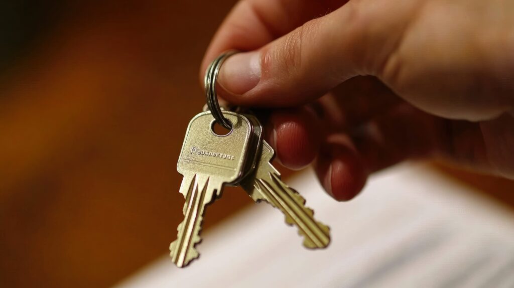 A property agent handing keys to a landlord, with a signed contract on the table, highlighting a successful rental or purchase agreement